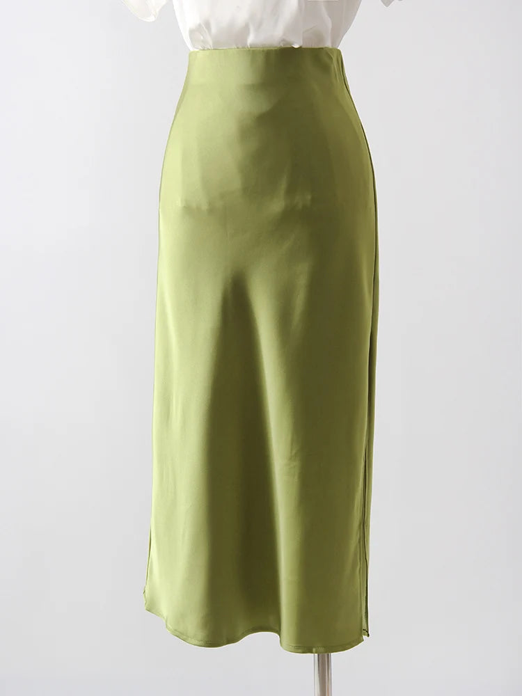 Women's Satin Midi Skirt – Elegant A-Line with Slit