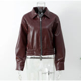 Vintage Wine Red Loose Short Leather Jacket Women Fashion Lapel Long Sleeves Zipper Cropped Coat 2025 Autumn Lady Street Outwear