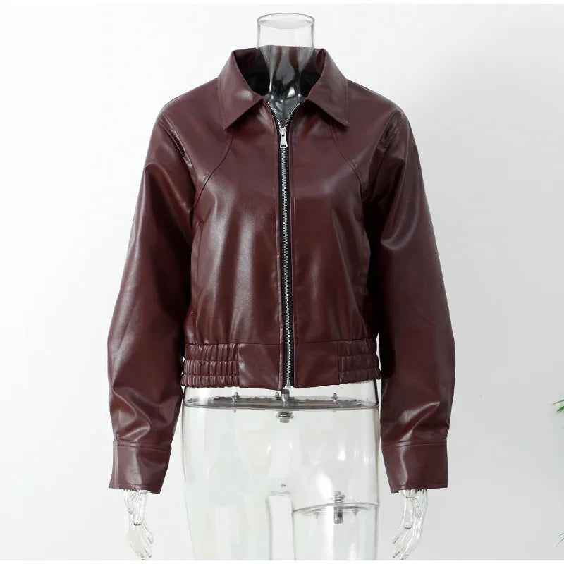 Vintage Wine Red Loose Short Leather Jacket Women Fashion Lapel Long Sleeves Zipper Cropped Coat 2025 Autumn Lady Street Outwear
