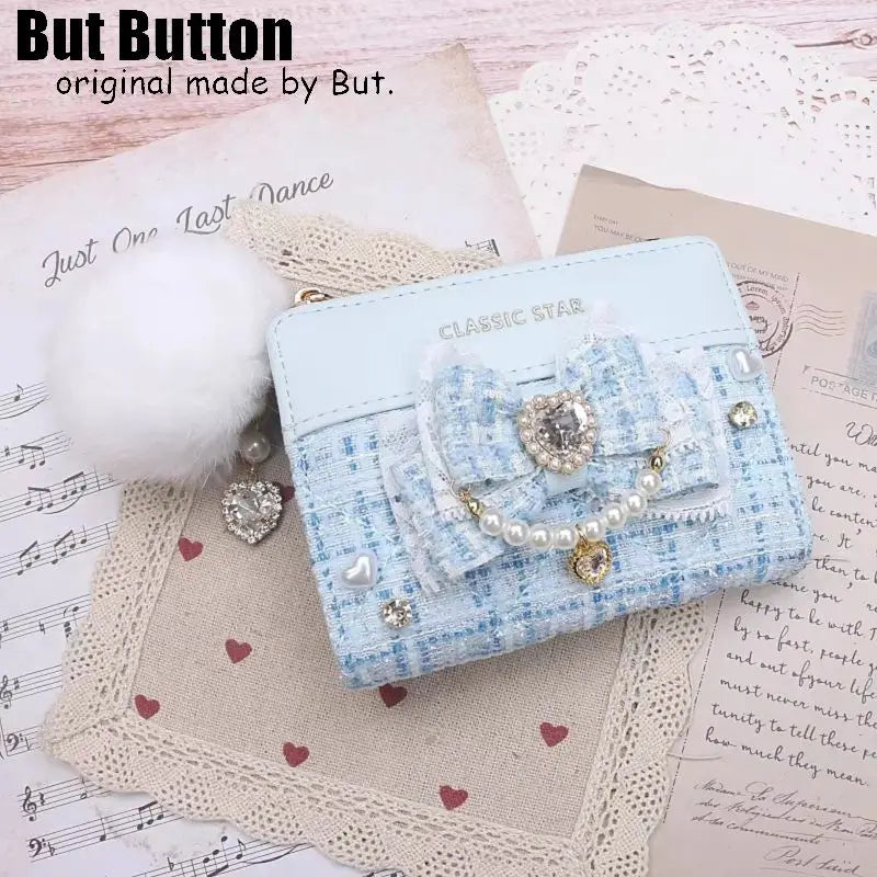 Kawaii Sweet Japanese Lolita Bow Wallet JK Harajuku Y2K Lace Rhinestone Short Wallet Mini Purse Card Holder Women Girls Gift