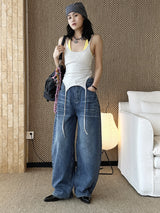 Spring/Summer New American Retro Fashionable High Waist Washed Used Cat Beard Jeans Loose Wide Leg Pants Women