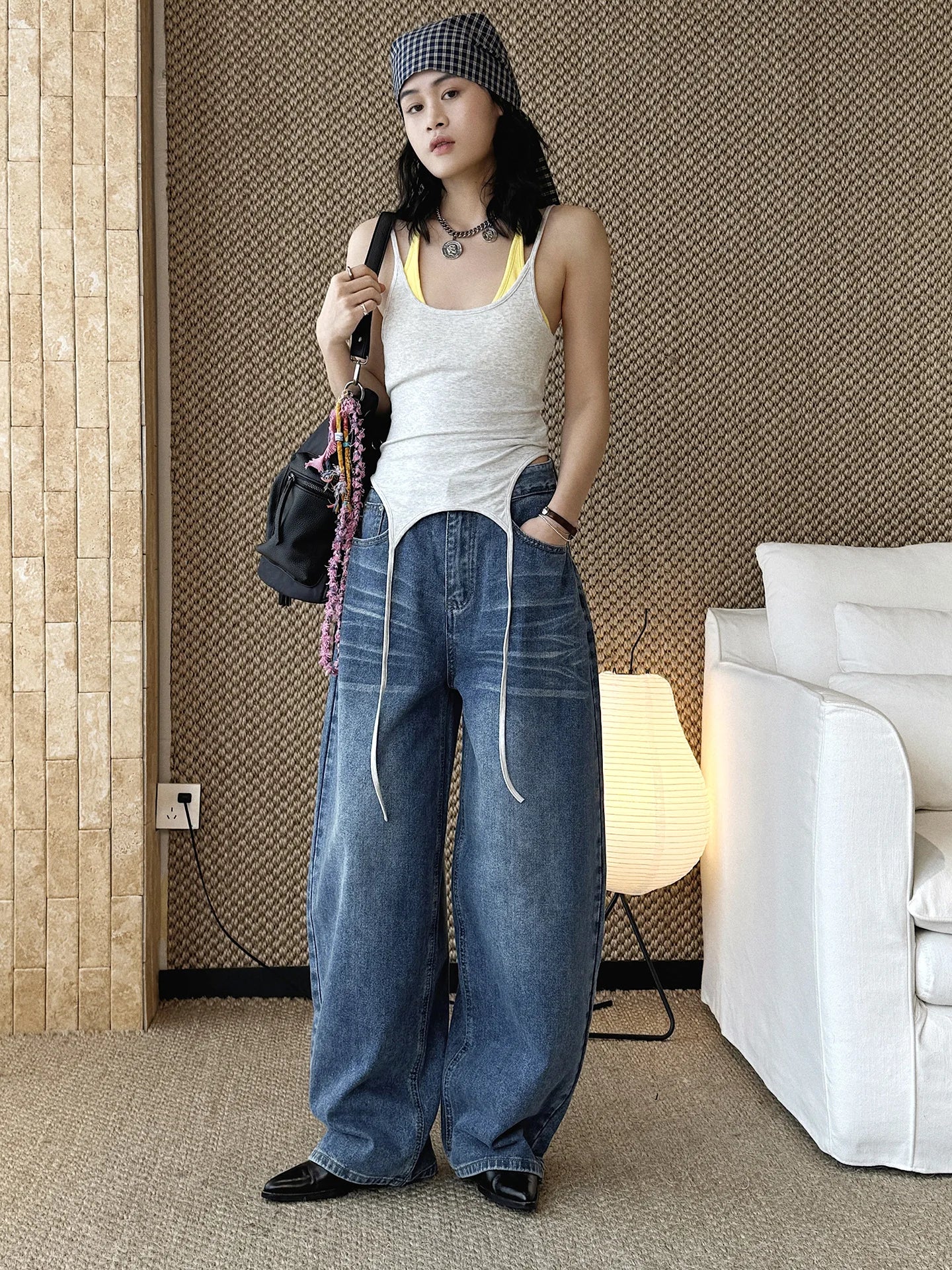 Spring/Summer New American Retro Fashionable High Waist Washed Used Cat Beard Jeans Loose Wide Leg Pants Women