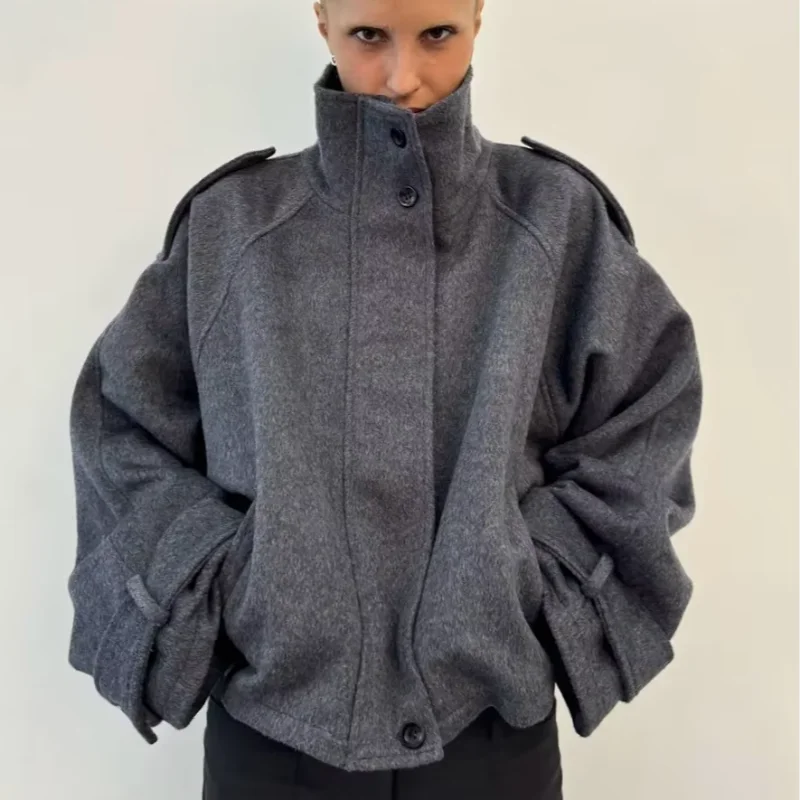 Fashion Short Woolen Coat Women Stand Collar Single-breast Full Sleeve Loose Pocket Jacket Female 2026 Autumn Solid Lady Outwear