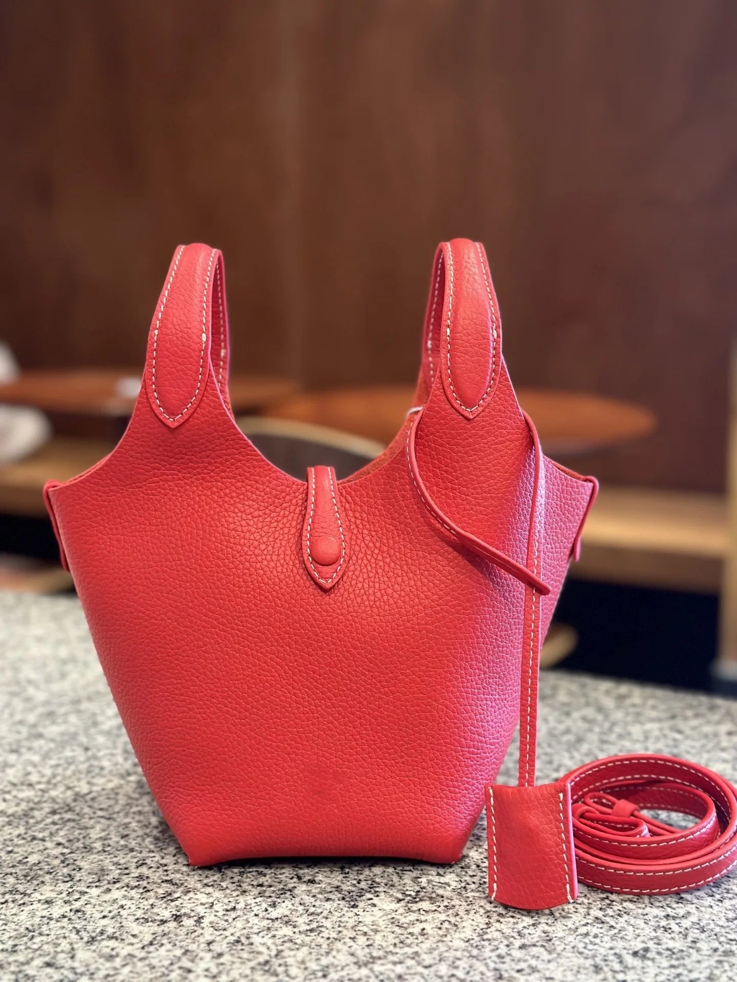 FIRMRANCH European And American Trend Cute Hand-Held Basket Ladies' Bucket Single Shoulder Cross-Body Bag Genuine Leather Purse