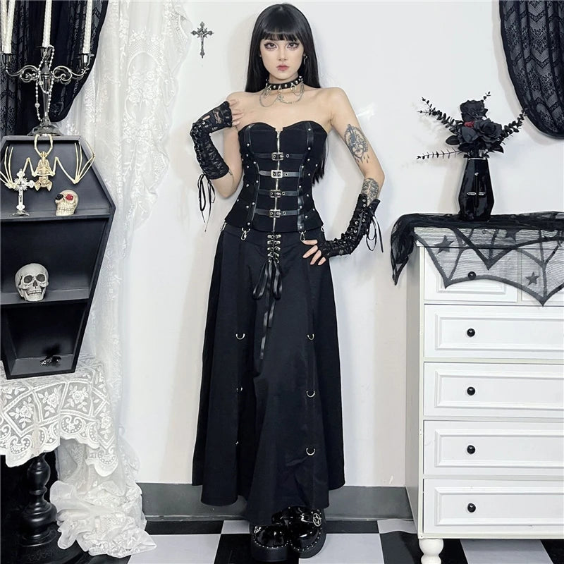 Gothic High-Waist A-Line Midi Skirt | Harajuku Grunge Y2K
