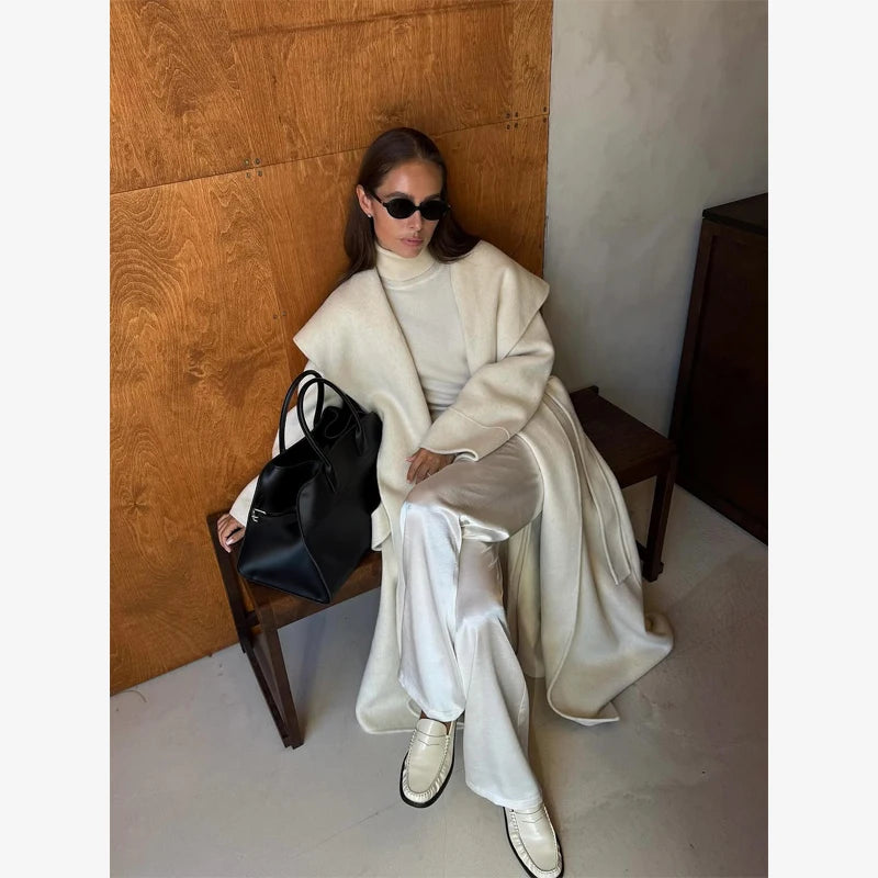 Navy Collar Lace Up Woolen Long Coat Women Elegant V-neck Full Sleeves Pockets Loose Overcoat 2026 Spring Lady Daily Street Wear
