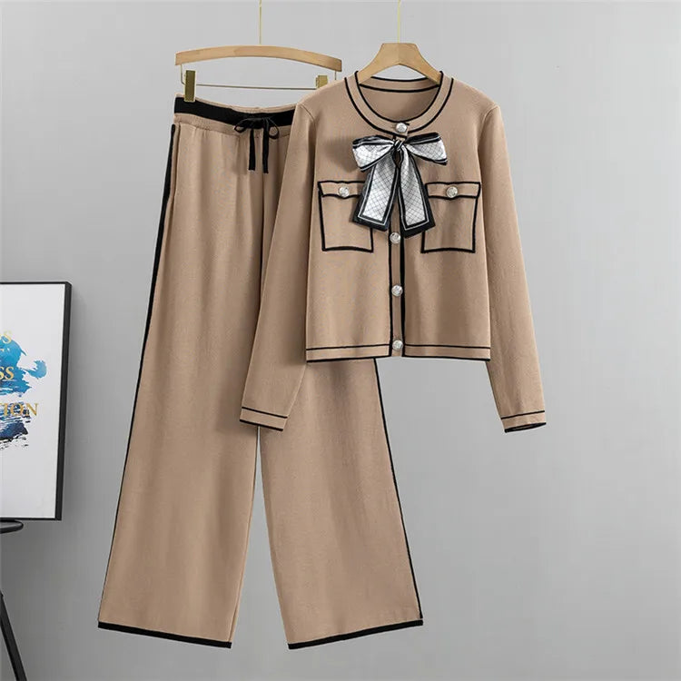 Autumn Women’s Elegant 2-Piece Pleated Set – Knit Bowknot Top & Wide Leg Pants