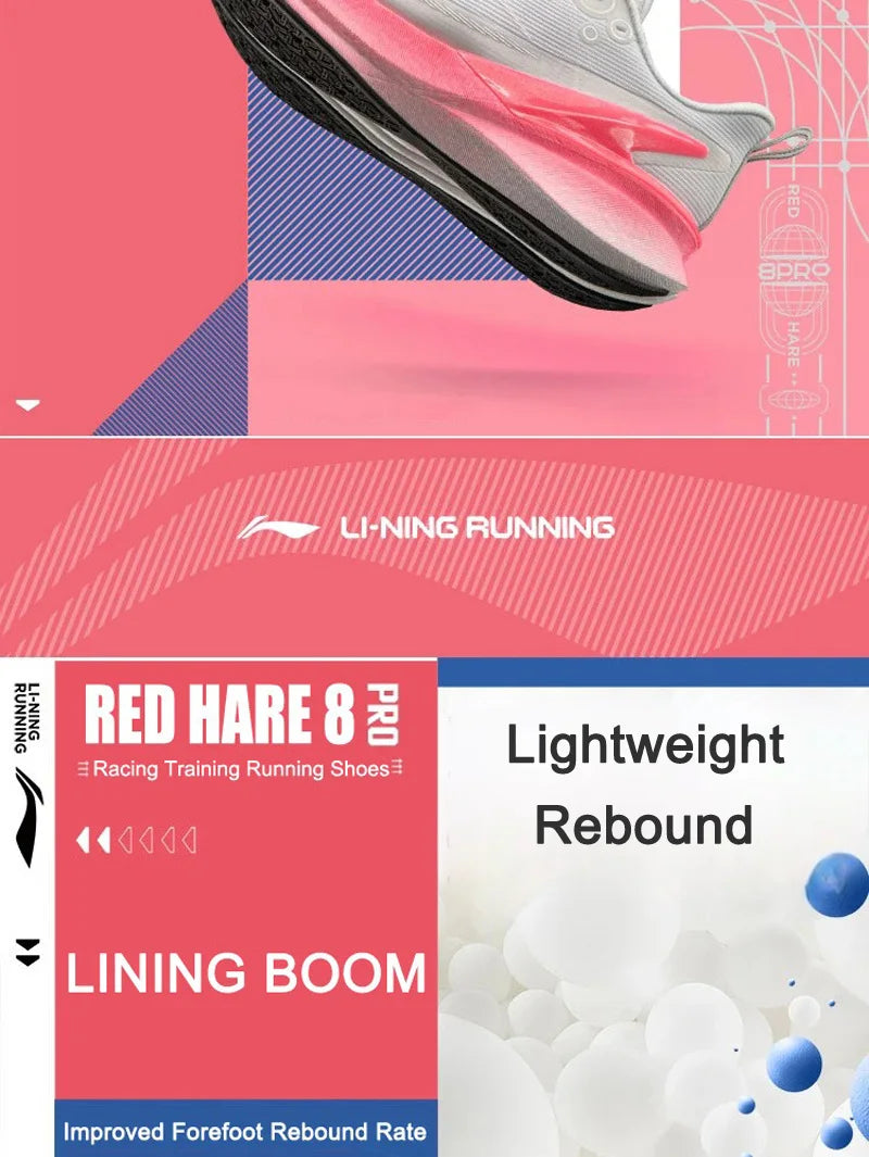 Li-Ning Women's RED HARE 8 PRO Racing Running Shoes BOOM Cushion LN DWR Water Repellent LiNing Training Sneaker ARPV016