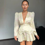 Print Women Dress Deep V Mini Dress Puff Sleeve High Waist Dress Two Piece Outfit With Waistband Elegant Slim Fit Outfit