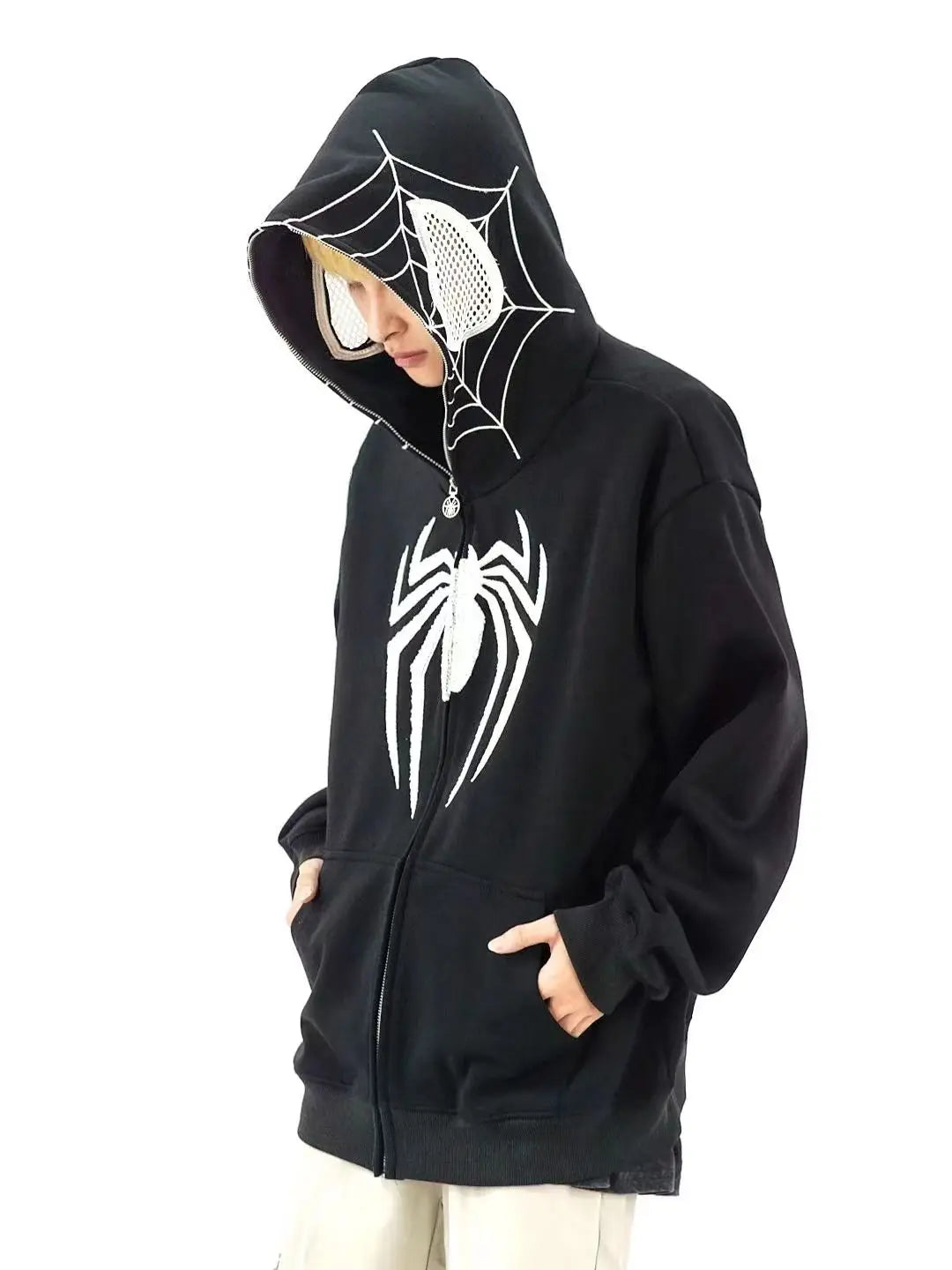 Oversized Y2K Spider Zip-Up Hoodie