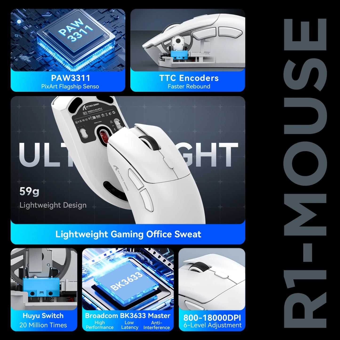 Attack Shark R1 X11 Wireless Bluetooth Gaming Mouse, PAW3311, Tri-Mode Connectivity, 59g Lightweight, for PC, Laptop & Mac