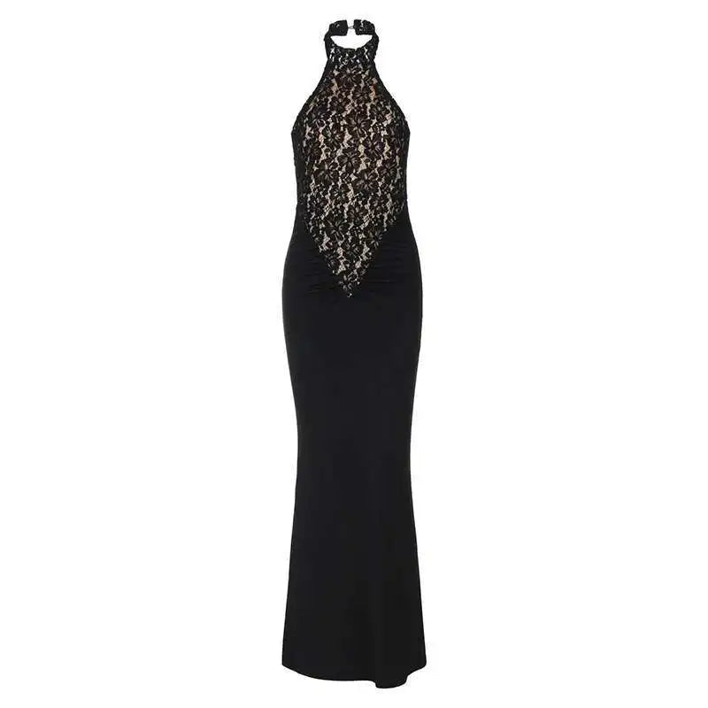 Lace Halter Backless Maxi Dress - Off-Shoulder Bodycon Party Gown