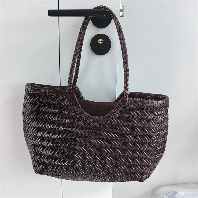 Luxury Designer Genuine Leather Cowhide Hand-woven Tote Bag High Quality Vintage Women's  Vacation Travel Beach Shoulder Bag