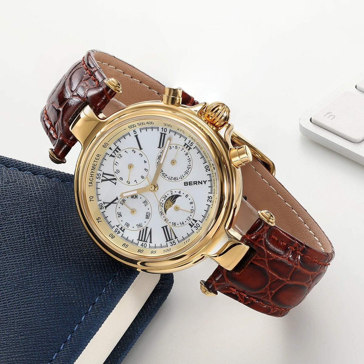 BERNY Retro Automatic Men's Watch Sun&Moon Phase Luminous ST1652 Classic Genuine Leather Luxury Mechanical Men's Dress Watches