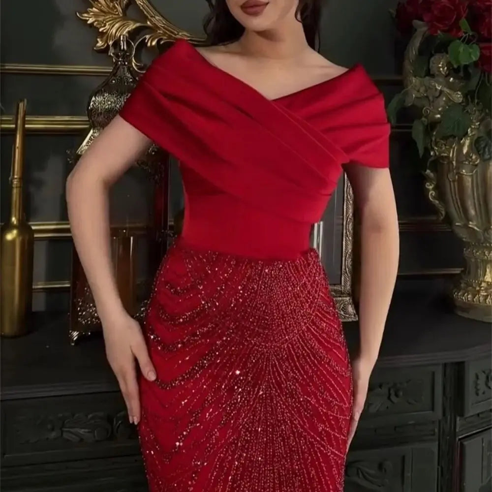 Contessa Dubai customized Red Mermaid Prom Dresses Beaded Off the Shoulde vestidos de noche Floor-Length Formal Evening 2025