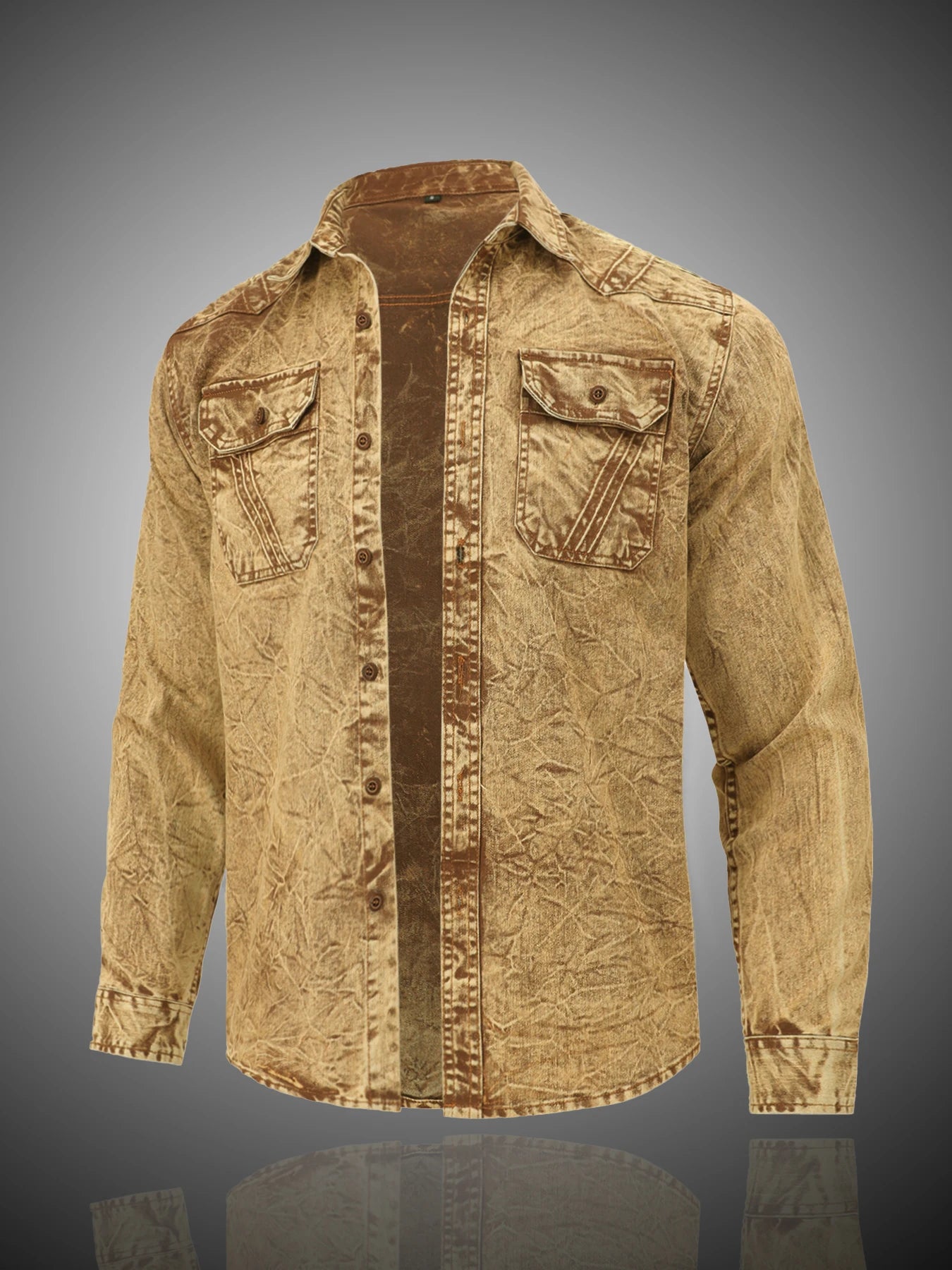 Men's retro denim shirt, long-sleeved, fashionable new style, casual coat, high-end sense, double pockets, washed denim shirt, l