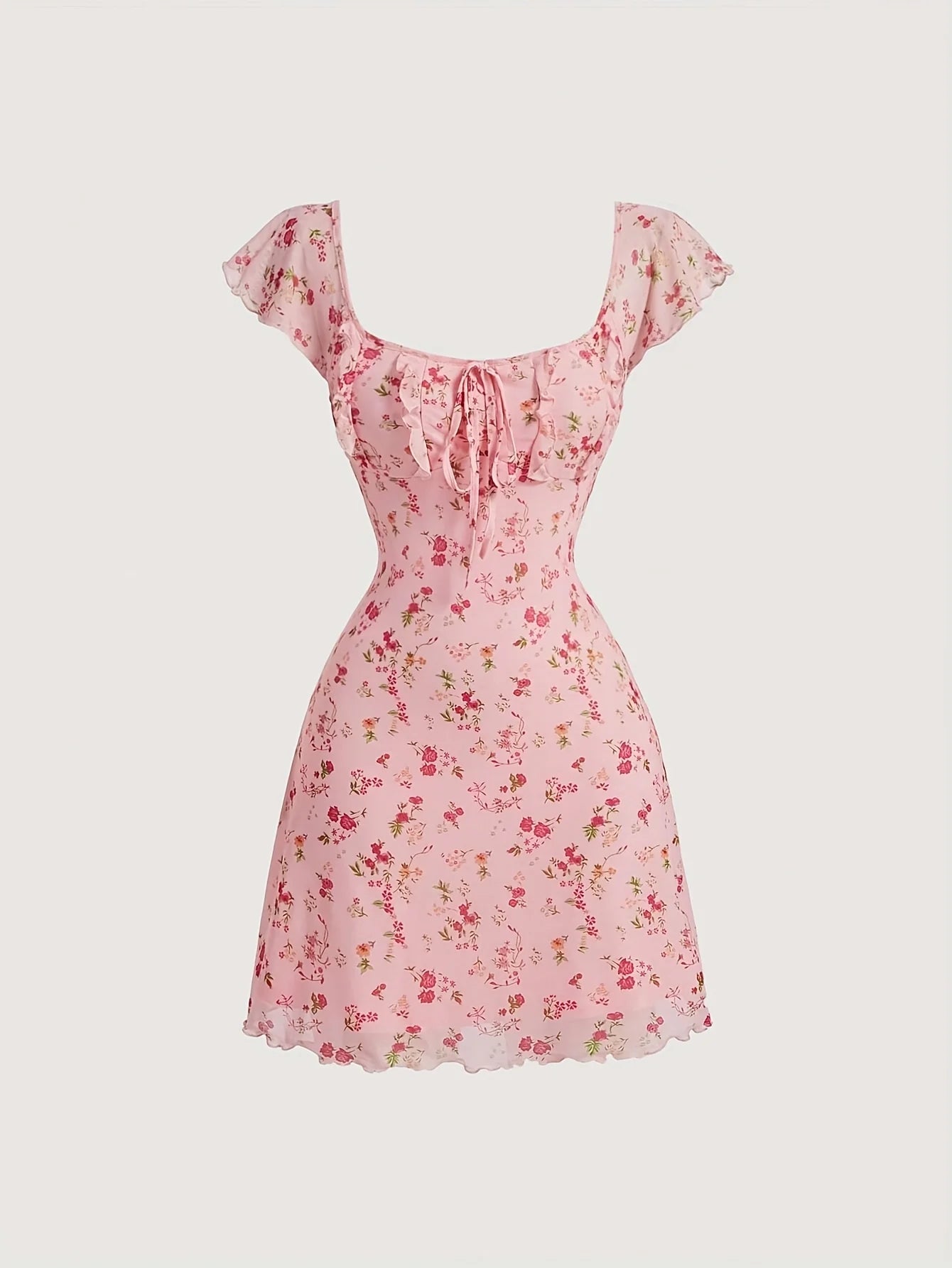 Floral Summer A-Line Dress – Ruffled Square Neck Backless Party Mini