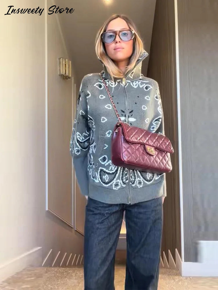 Vintage-Style Printed Knit Cardigan