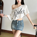 KSylCue Letter Print Off-Shoulder Crop Top