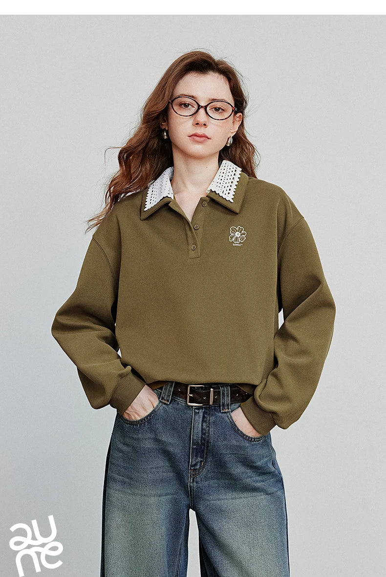 Women’s Green Colorblock Collared Sweatshirt
