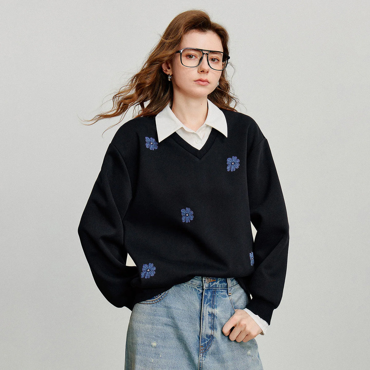 Women's Floral Embroidered Layered-Look Sweatshirt