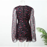Women Red Floral Printed Mini Dress V-neck Short Sleeved Puff Sleeve Waist Trim Ruffle Slit Hem Dresses 2026 Summer Party Gown