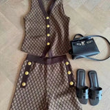 French Style 3-Piece Jacquard Knit Pant Suit – Elegant Vest, Cardigan & Wide-Leg Trousers