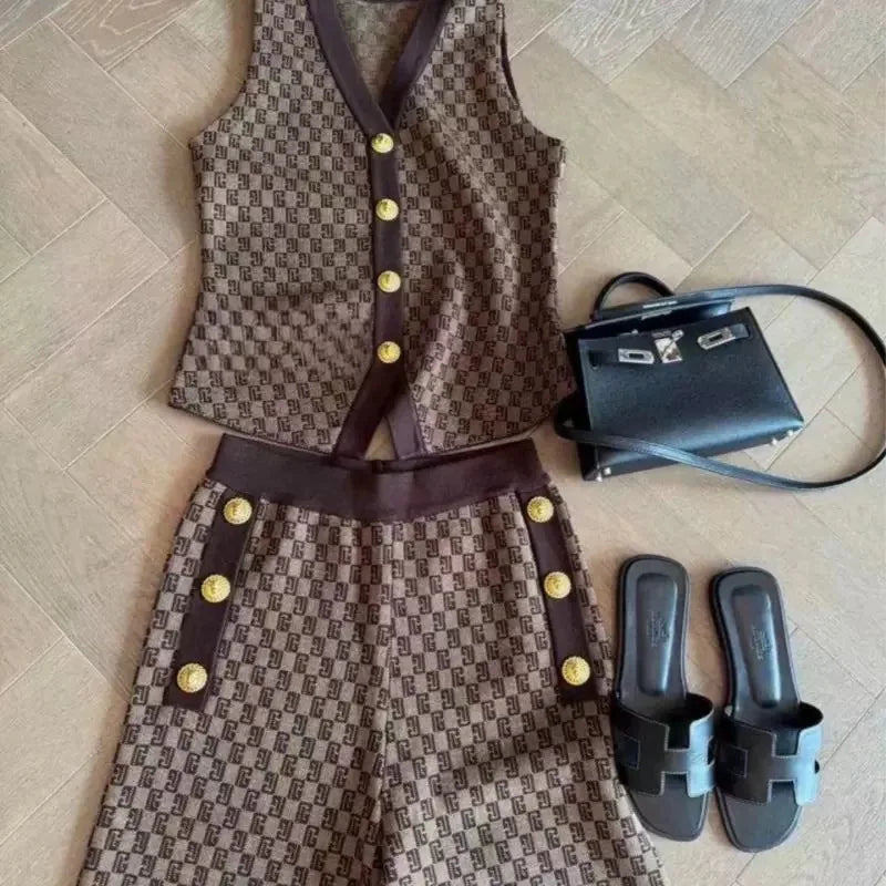 French Style 3-Piece Jacquard Knit Pant Suit – Elegant Vest, Cardigan & Wide-Leg Trousers