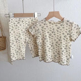 Bear Leader Summer Fashion New Short Sleeve Round Neck Flower Printed T-shirt Top+Pants 2 Piece Set Kids Casual Home Clothes