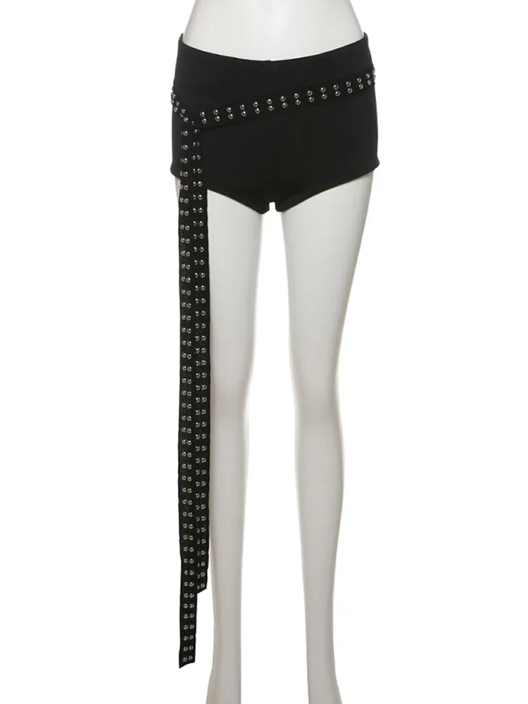 Nibber Sexy Hollow 3-Piece Set Women Hollow Biased Collar Backless Vests+Rivet Waistband+Simple Solid Shorts Slim Midnight Suits