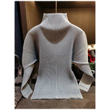 Miyake Pleated Sweatshirt Pit Stripe Zipper Standing Collar Jacket Women 2025 New Casual Pullover Hundred Pleat Skinny Tops