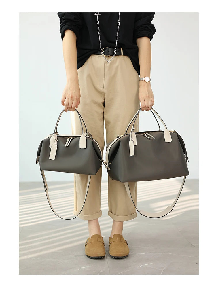 Women's Nylon With Genuine Leather Zipper Tote Lightweight Soft Travling Bags Versatile Style Handbag Different Colors And Size