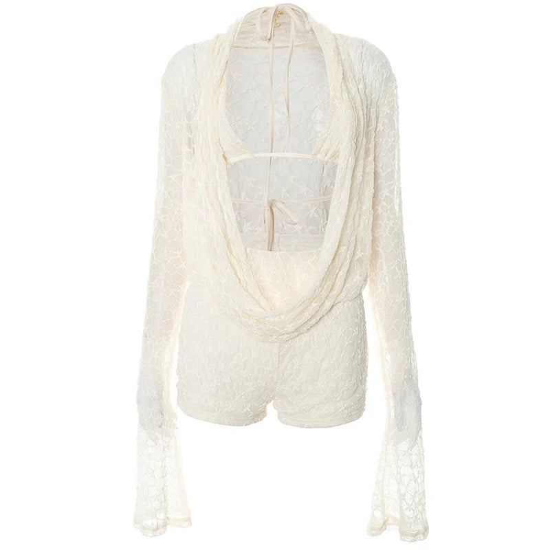 Mozision Lace Two Piece Set Women See Through Long Sleeve T-shirt And Shorts Matching Sets Female Elegant Shorts Two Piece Set