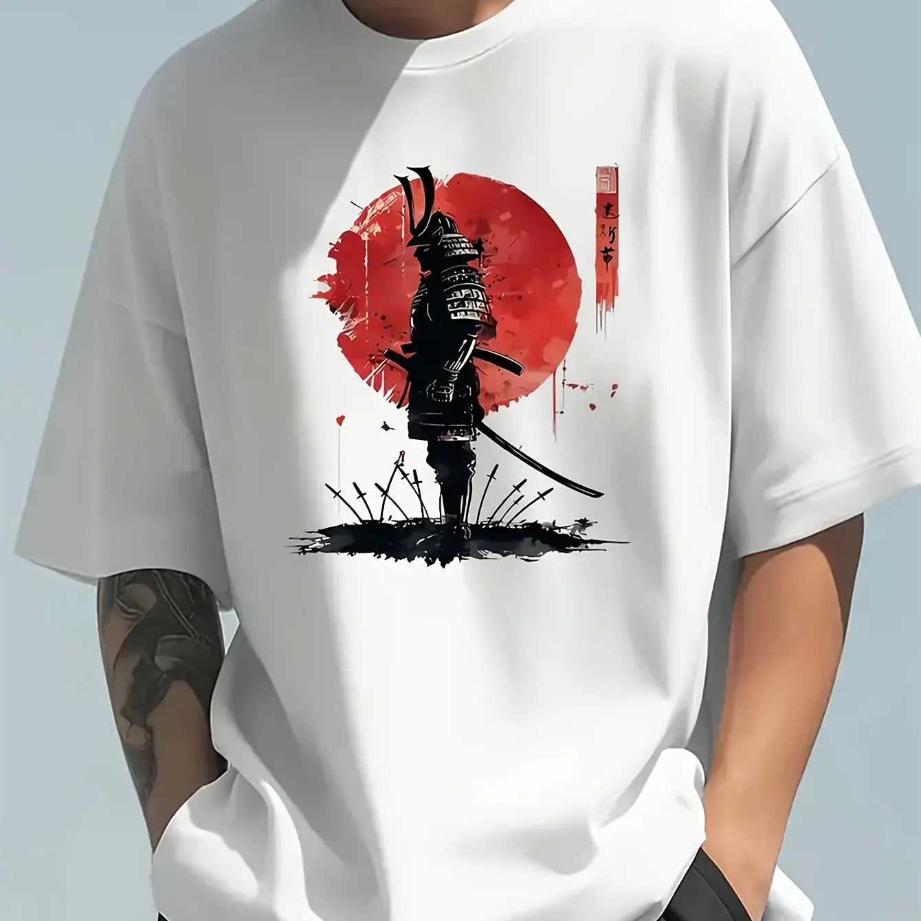 Men's Japanese Samurai Print Cotton T-Shirt - Relaxed Fit