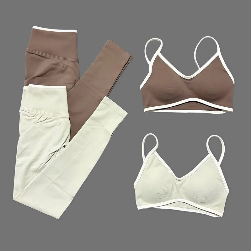 2Pcs HISTELLO Women's Seamless Yoga Fitness Set Ignite Sculpt Scrunch Leggings Strappy Halter Bra Gym Sports Fitness Outfit