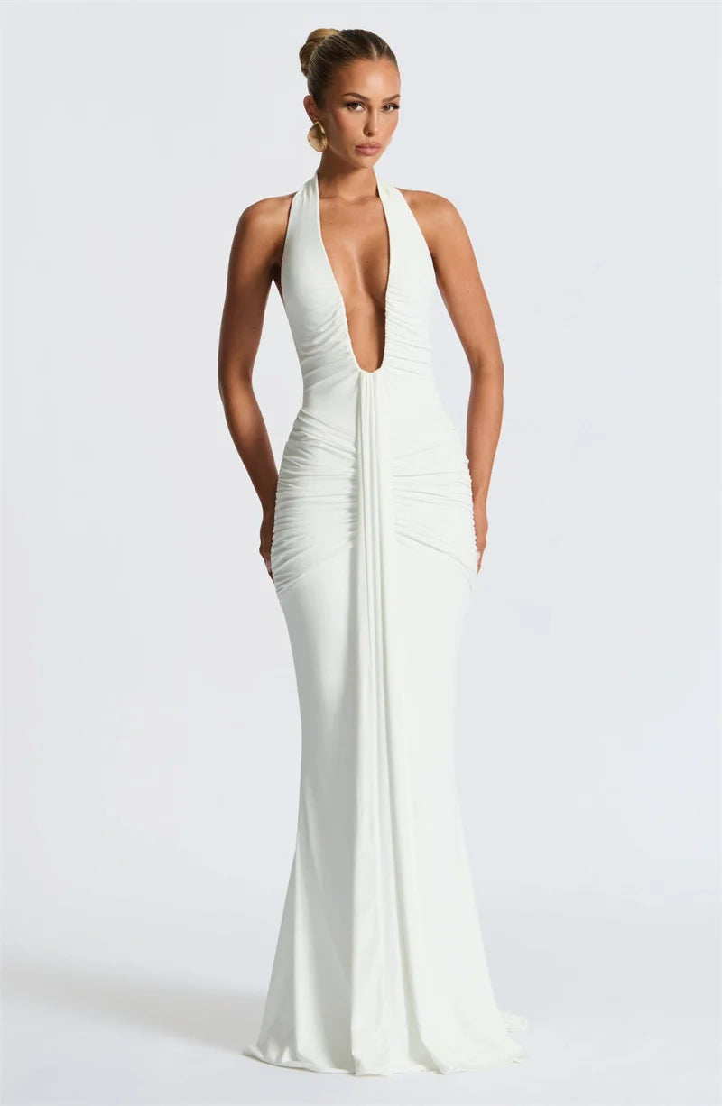 Elegant Deep V-Neck Halter Maxi Dress