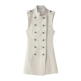 Women Stand Collar Double Breasted Mini Dress Sleeveless Elegant Casual Slim Fit Short Robe Lady Office New Dresses 2026 Summer