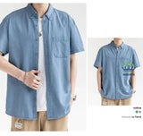 Men's Denim Shirt Long Sleeve Casual Outerwear Youth 2026 Fashion Streetwear Light Blue Button Up Top with Pockets Jeans Shirt