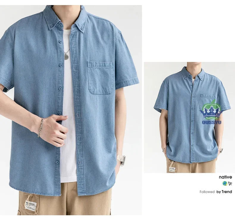 Men's Denim Shirt Long Sleeve Casual Outerwear Youth 2026 Fashion Streetwear Light Blue Button Up Top with Pockets Jeans Shirt