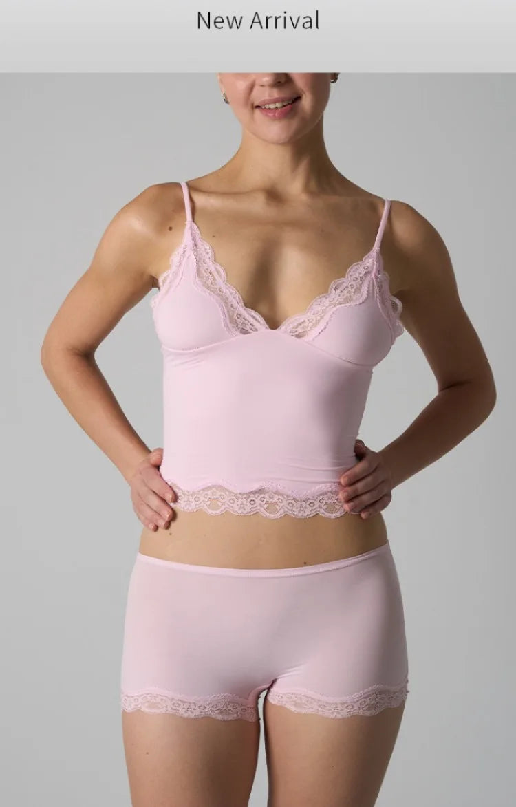Europe American Simple Pink Light Thin Lace Strap Tank Top Flat Corner Lace Underwear for Women Comfortable Stretchy Short Sets
