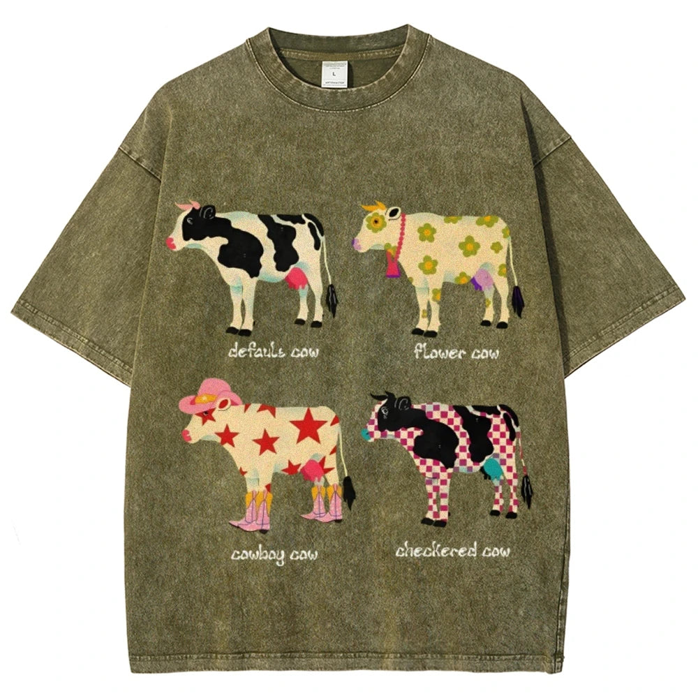 Cute Cartoon Cow Print T-Shirt Pure Cotton Washed Shoulder Round Neck Neutral Style Fashion Trend New High Quality Short Sleeves