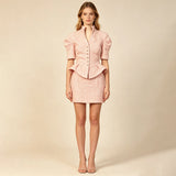 LIMO 2026 New Arrival Pink Tweed 2 Piece Outfit, Women's Elegant Peplum Top with Mini Skirt, Puff Sleeve Formal Suit
