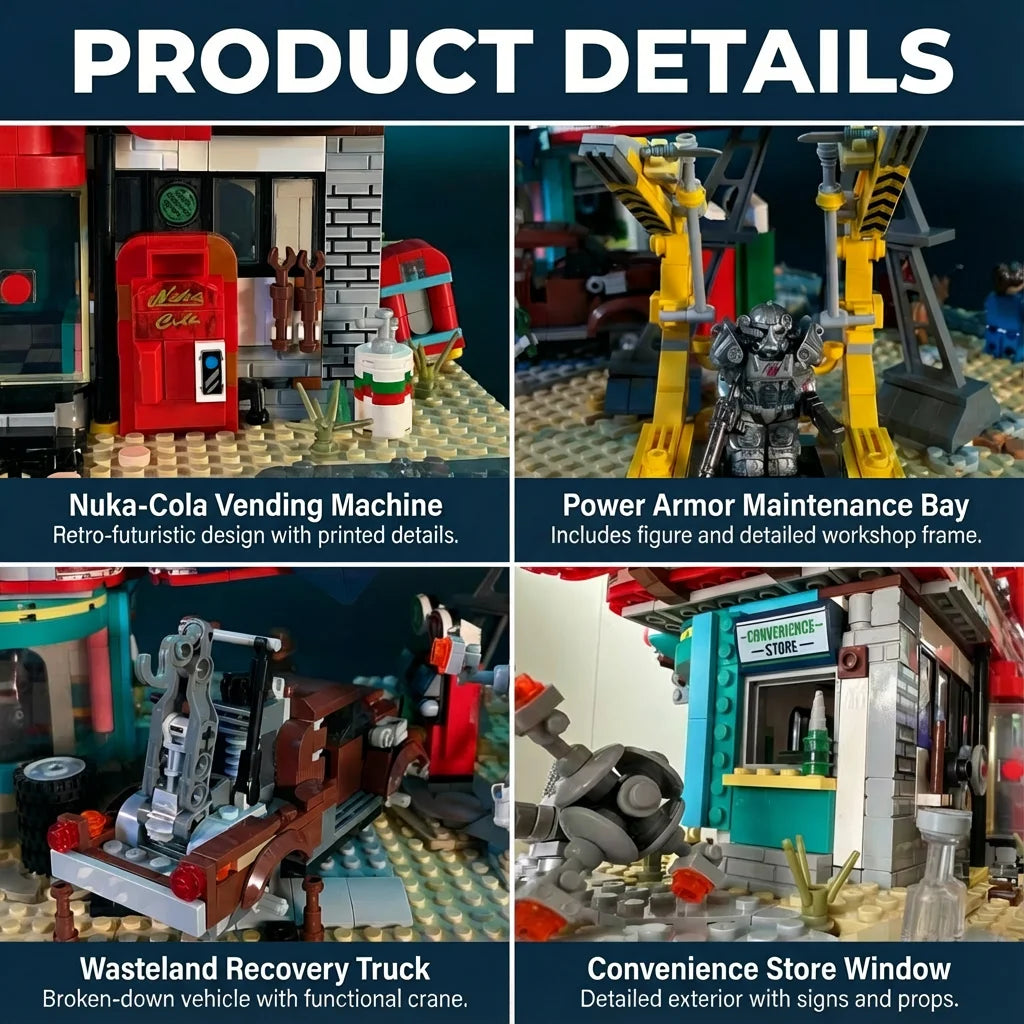 Movie Game Red Abandoned Gas Station Architecture Doomsday House Modular Building Blocks Model Kit Adult DIY Gift 2221PCS