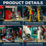 Movie Game Red Abandoned Gas Station Architecture Doomsday House Modular Building Blocks Model Kit Adult DIY Gift 2221PCS