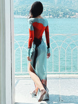 Women's Sheer Mesh Floral Print Long Sleeve Beach Cover-Up Dress