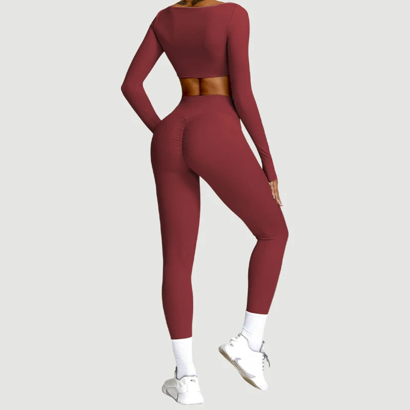 2-Piece Women's High-Waist Yoga Set – Seamless Long Sleeve Workout Suit