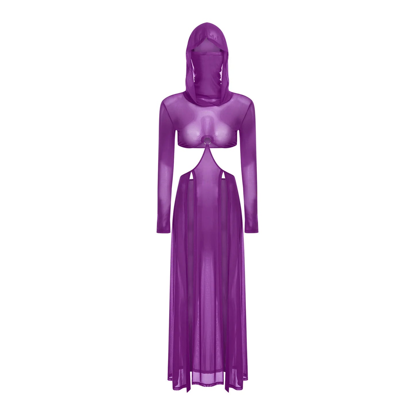 Women’s Hooded Mask Sheer Maxi Dress