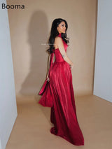 Red Satin A-Line Pleated Sleeveless Formal Gown