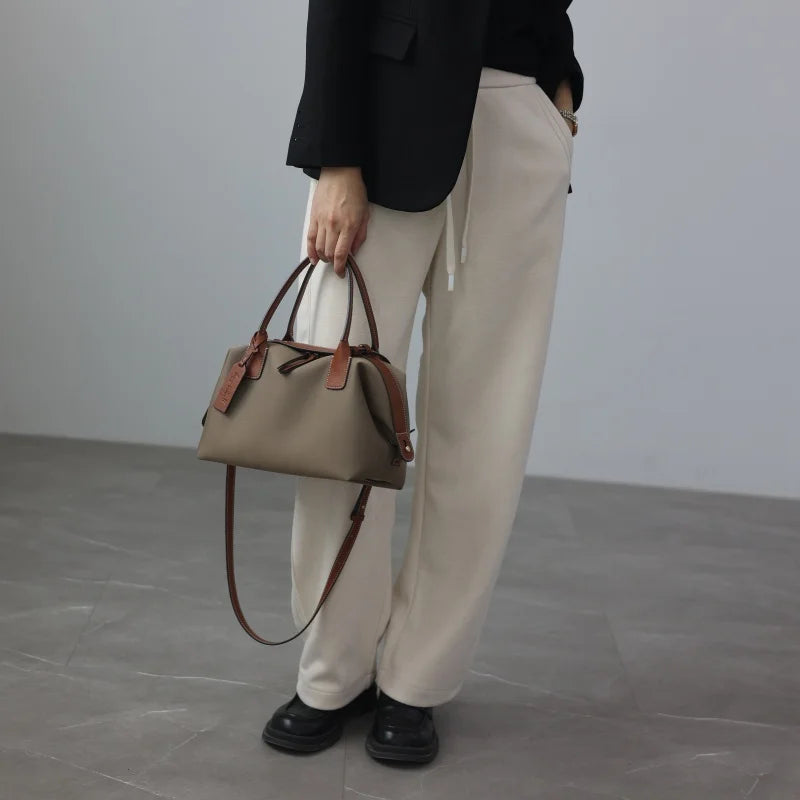 Women's Nylon With Genuine Leather Zipper Tote Lightweight Soft Travling Bags Versatile Style Handbag Different Colors And Size