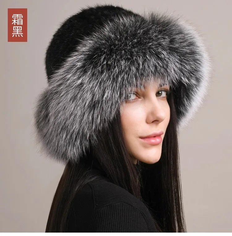 Genuine Knitted Mink Fur Hat with Fox Fur Brim